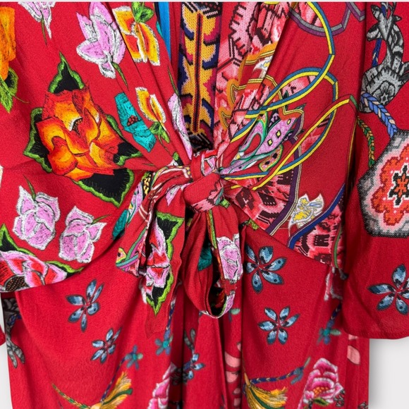 Desigual Red Floral Print Tie Front Dress Knee Length Long Sleeve Size 42 US 8 M - Picture 14 of 15